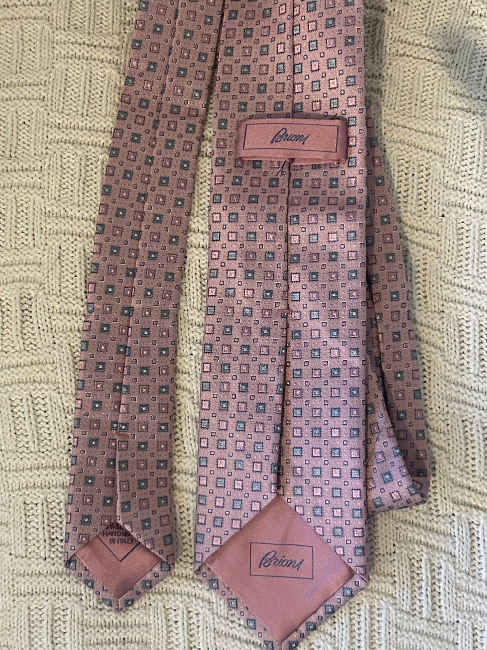 Brioni Pink Silk Tie with Teal Square Pattern